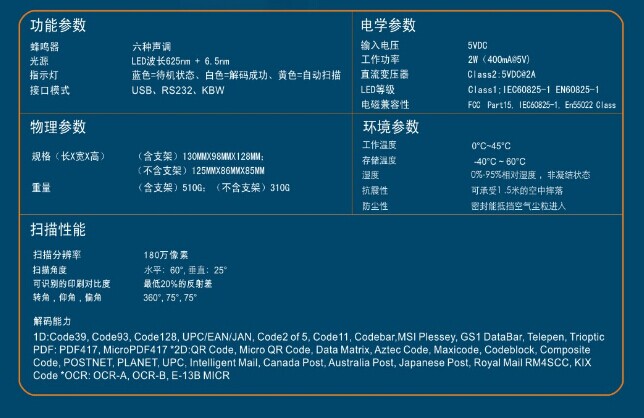國產二維碼掃描儀產品參數(shù)